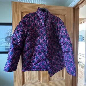 Lands’ End Super Warm Patterned Puffer Jacket  XL – Magenta & Navy